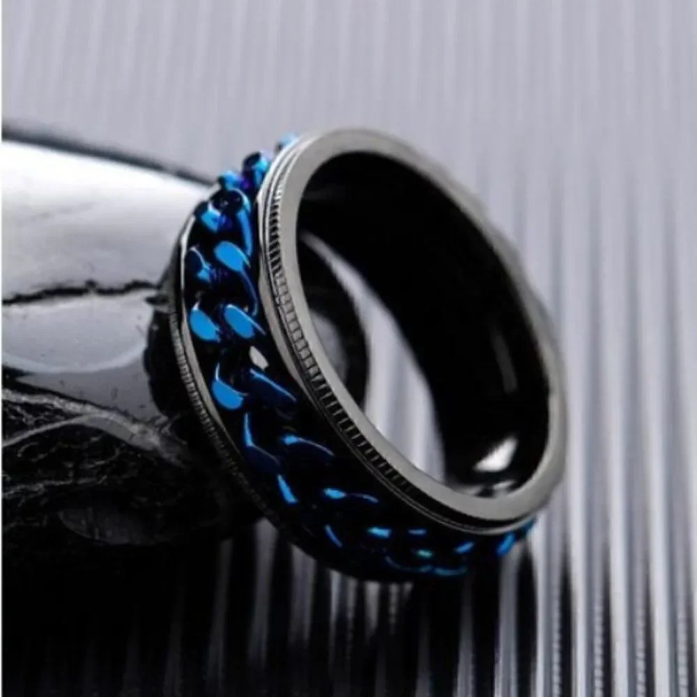Men's Blue Chain Spinner Promise Ring - Guy's Fidget Ring - Anxiety Ring For Men